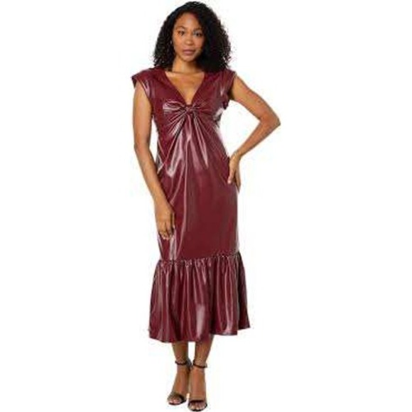 Donna Morgan Dresses & Skirts - Donna Morgan‎ Faux Leather V-Neck Twist Detail Midi Dress Burgundy Size 14